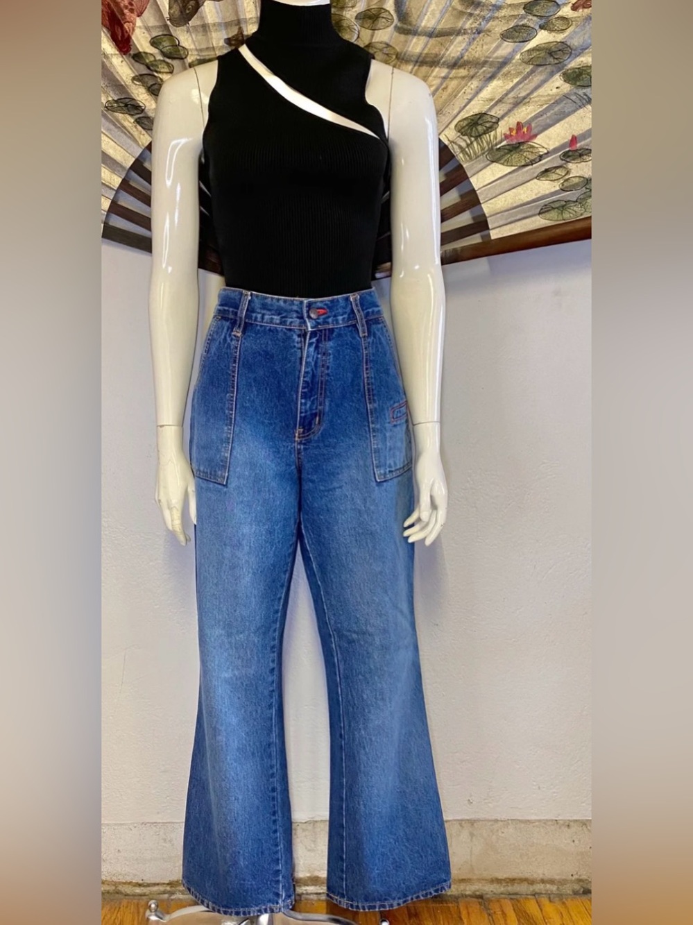 bill blass Dark Blue Wide-Leg Jeans with Patch Pockets